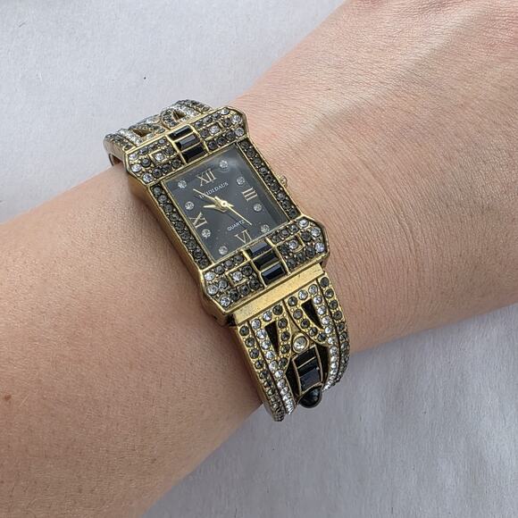 Heidi Daus Hinged Cuff Bracelet Watch Tan Swarovski Crystals Bangle Bronze Black main image 6